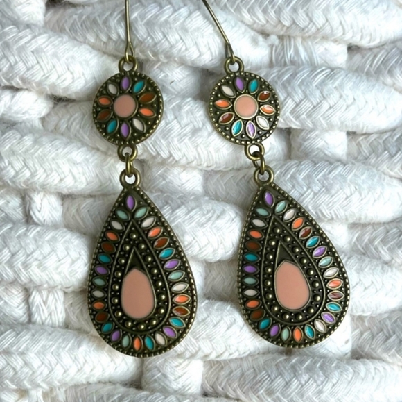 BOUTIQUE Jewelry Antiqued Bronze Jewel Tone Teardrop Boho Dangle Drop Earrings Poshmark